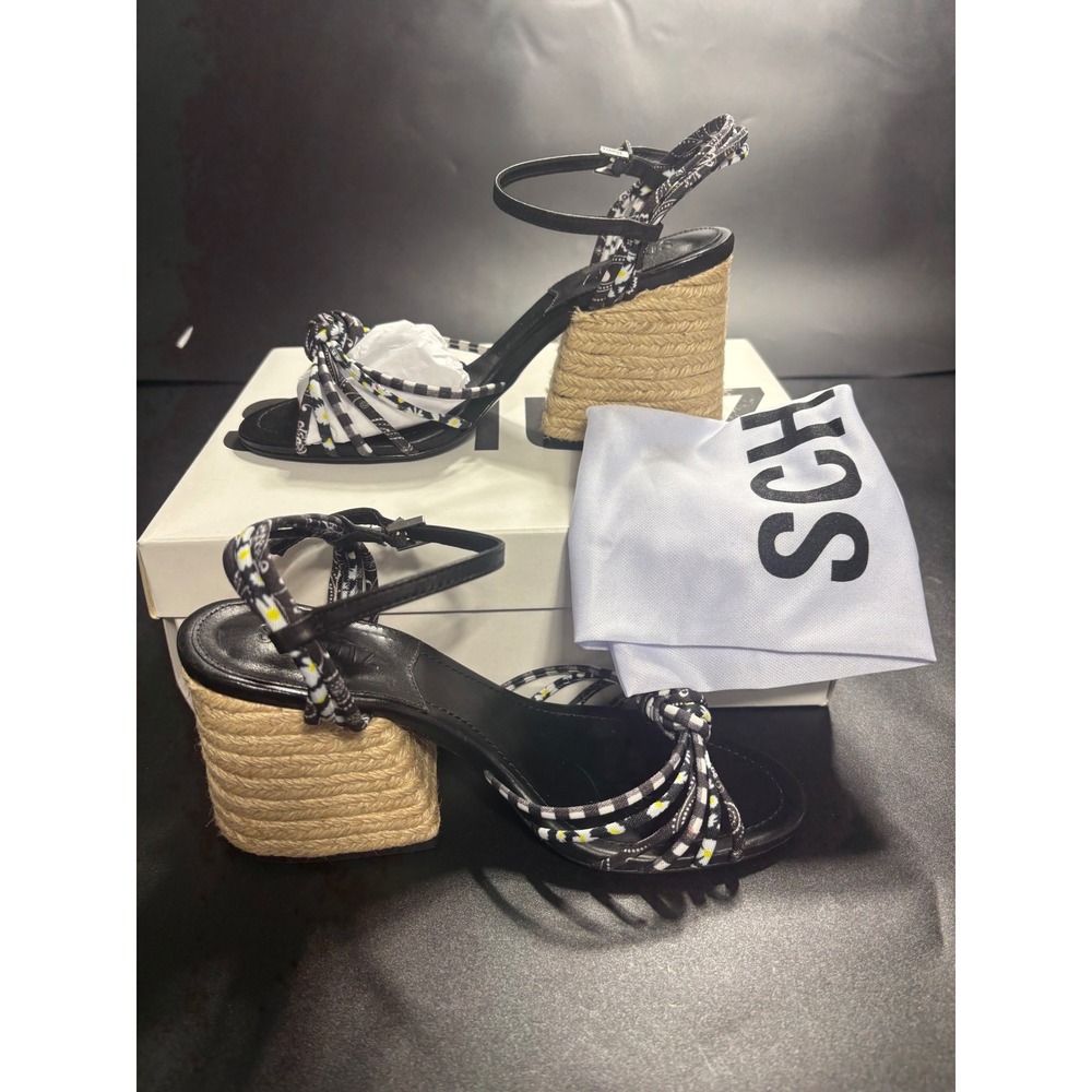 Schutz Dahira Black Gingham Daisy Print Espadrille Block Heel Sandals 8.5B